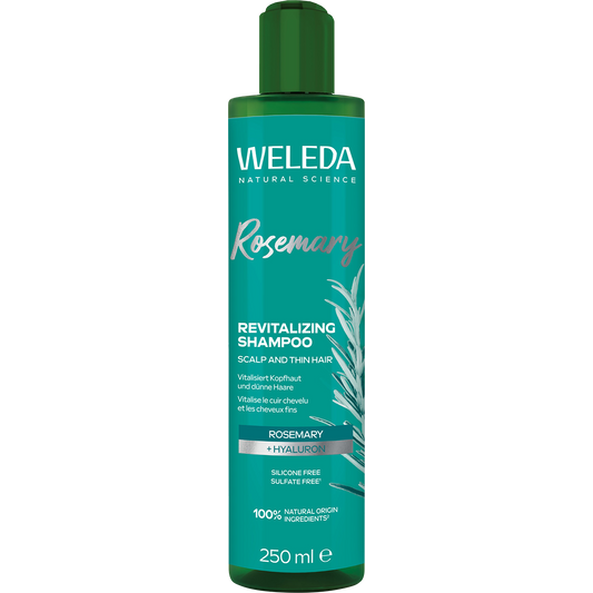 White 250ml bottle of Weleda Revitalizing Shampoo Rosemary with a green label featuring rosemary sprigs.