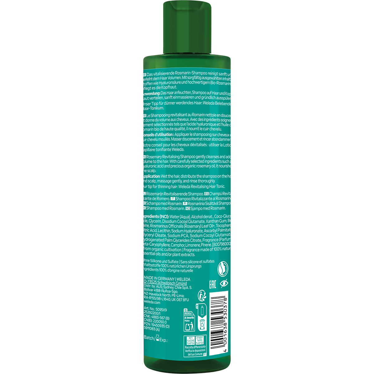 Back of white Weleda Revitalizing Shampoo bottle showing ingredients, organic certification, and product details.