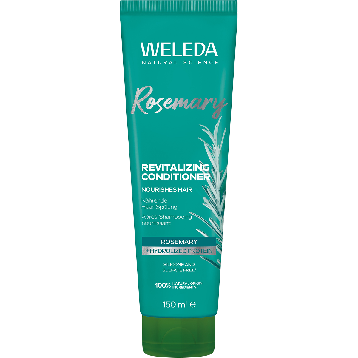 150ml white tube of Weleda Revitalizing Conditioner Rosemary featuring a green label with botanical illustrations.