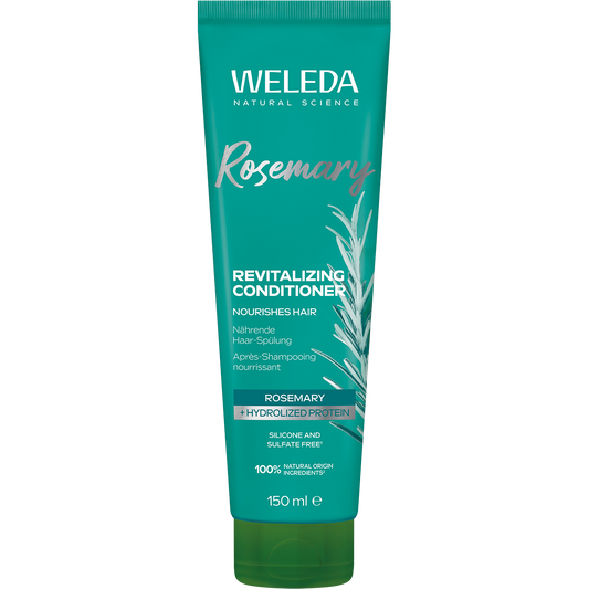 150ml white tube of Weleda Revitalizing Conditioner Rosemary featuring a green label with botanical illustrations.