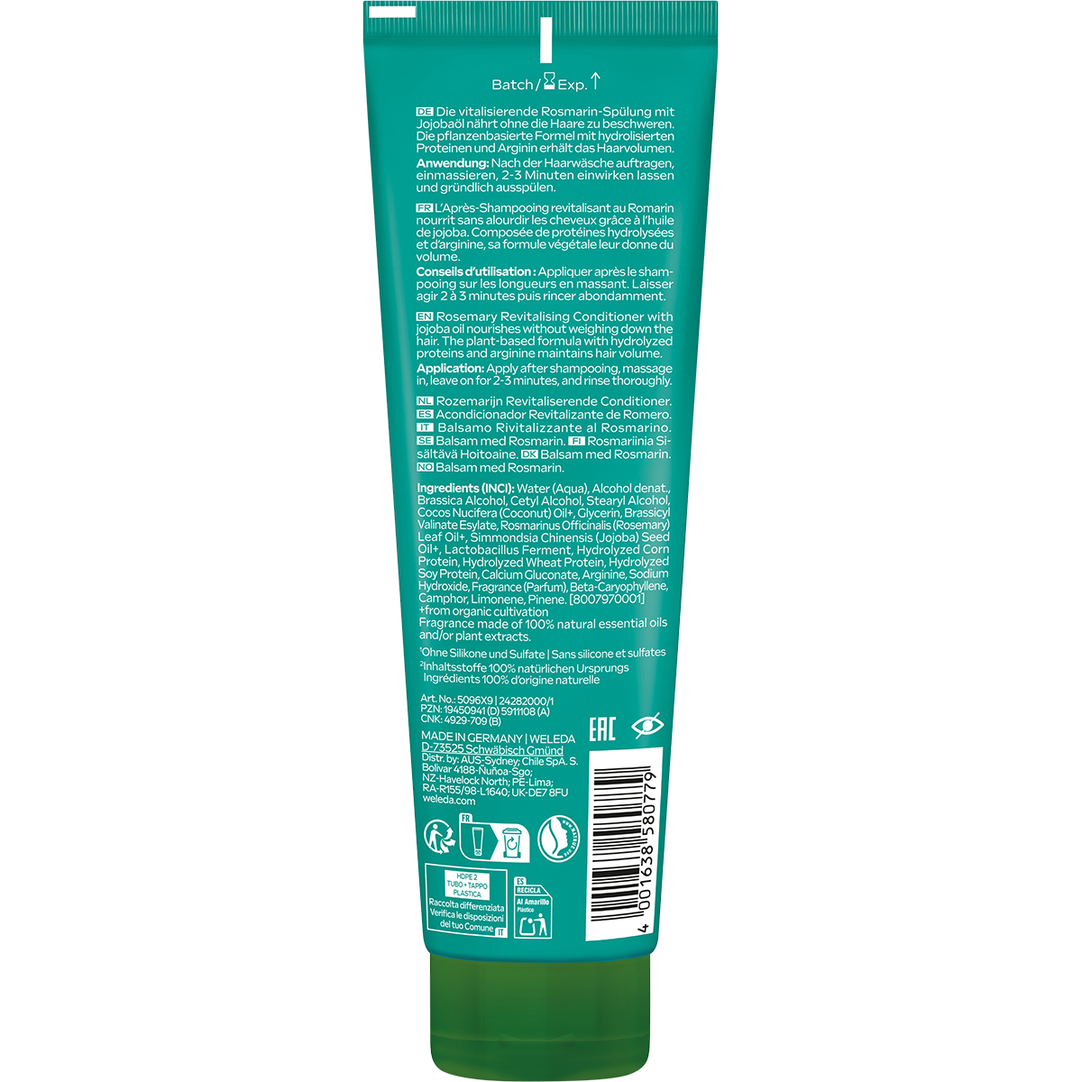 Back of white Weleda conditioner tube showing rosemary illustrations, ingredients, and product details.