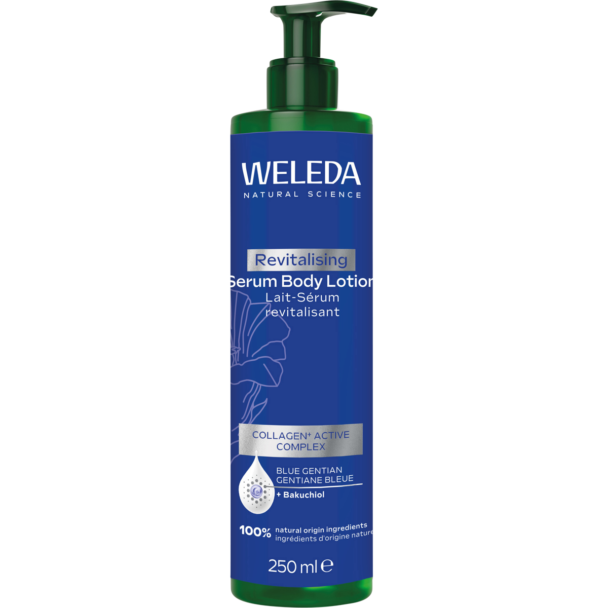 Weleda Blue Gentian Revitalising Serum Body Lotion 250ml pump bottle with purple floral label on a white background.