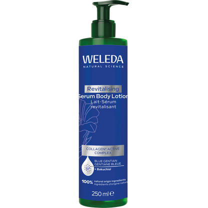Weleda Blue Gentian Revitalising Serum Body Lotion 250ml pump bottle with purple floral label on a white background.