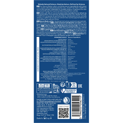 Back of Weleda Revitalising Serum Body Lotion bottle with ingredients, benefits, and NATRUE certification details.
