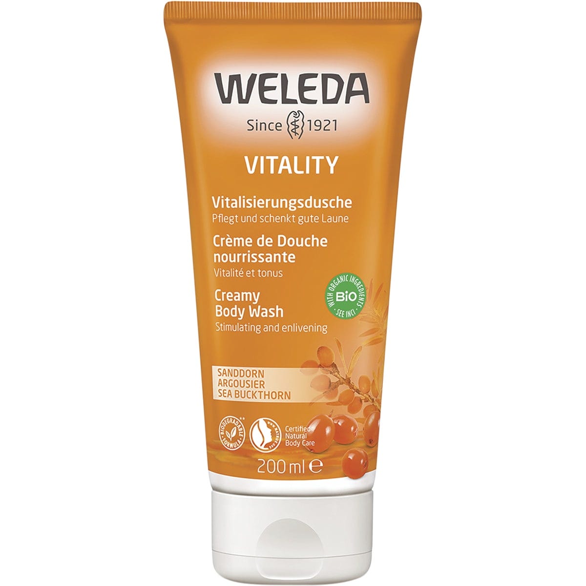 200ml tube of Weleda Vitality Sea Buckthorn Creamy Body Wash with orange packaging and botanical illustrations.