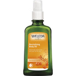 100ml glass bottle of Weleda Sea Buckthorn Revitalising Body Oil with a bright orange label and botanical illustrations.
