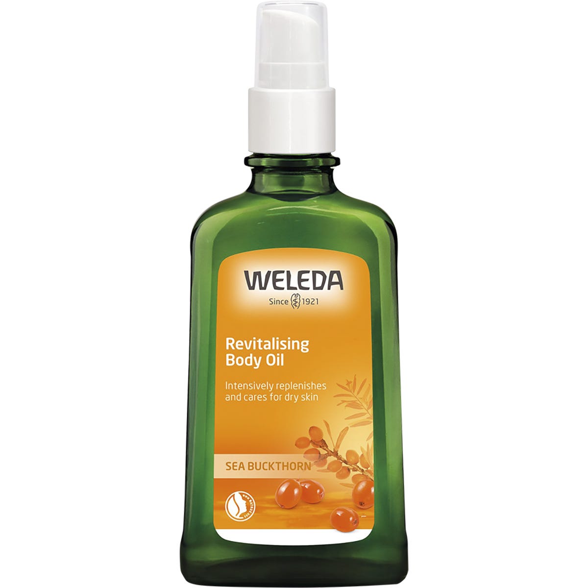 100ml glass bottle of Weleda Sea Buckthorn Revitalising Body Oil with a bright orange label and botanical illustrations.