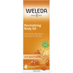 Weleda Sea Buckthorn Revitalising Body Oil 100ml orange and white retail packaging box with botanical illustrations.