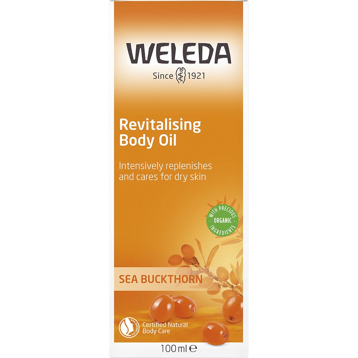 Weleda Sea Buckthorn Revitalising Body Oil 100ml orange and white retail packaging box with botanical illustrations.