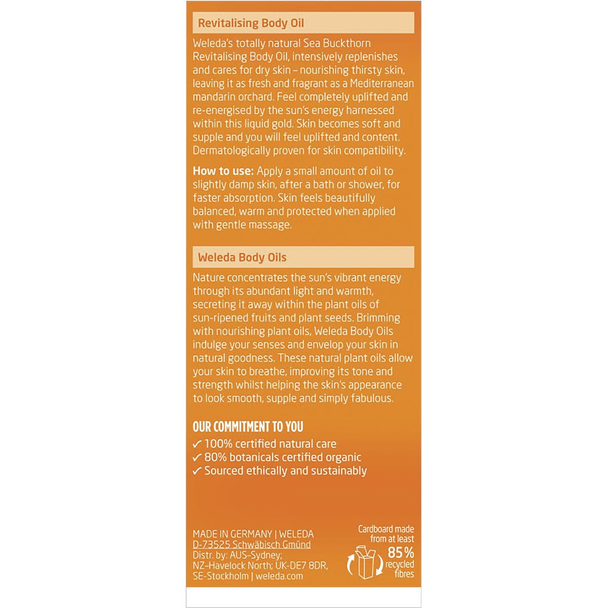 Back of Weleda Sea Buckthorn Body Oil box with nutrition facts, ingredients, and directions on a white background.