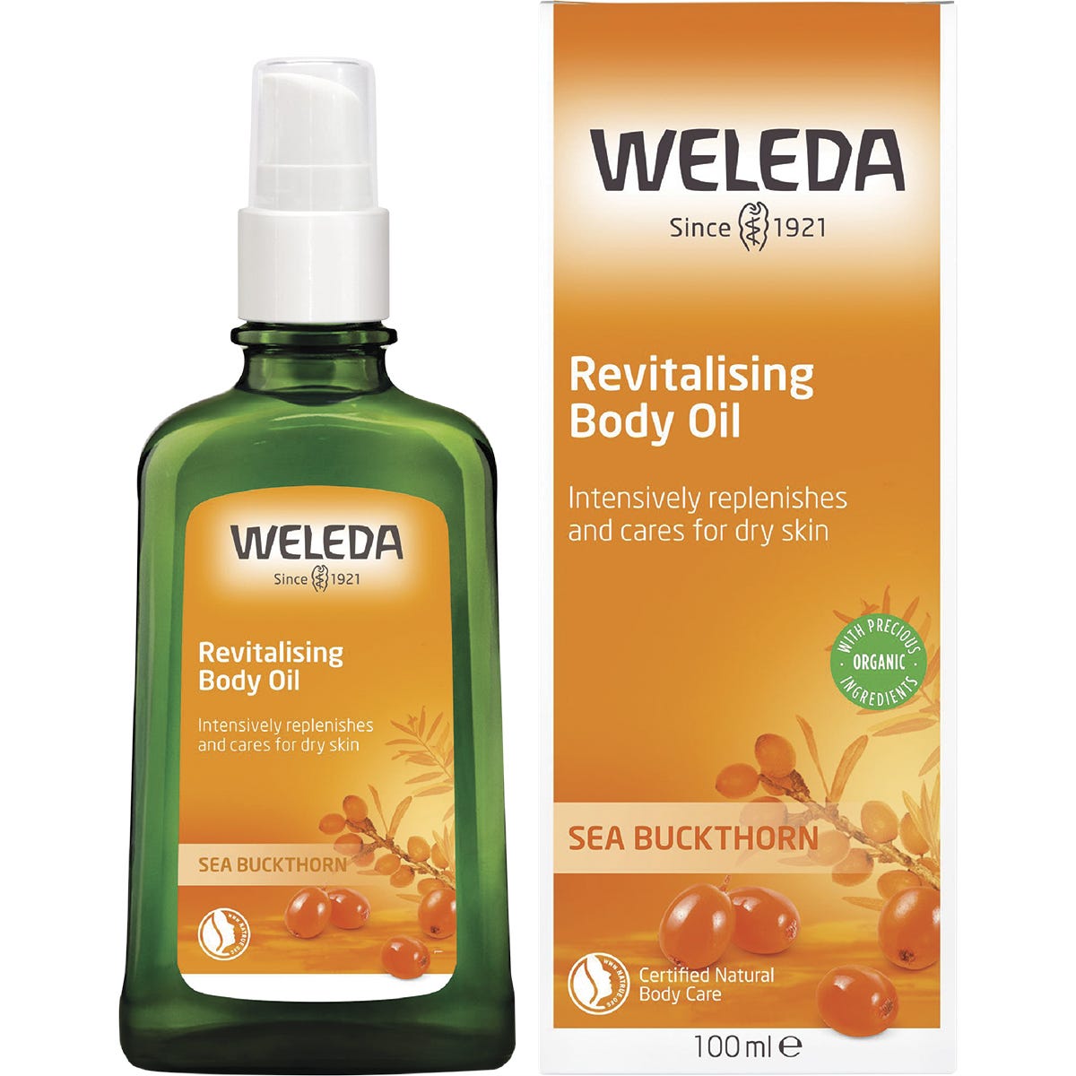 Weleda Sea Buckthorn Revitalising Body Oil 100ml bottle and packaging box with botanical illustrations.