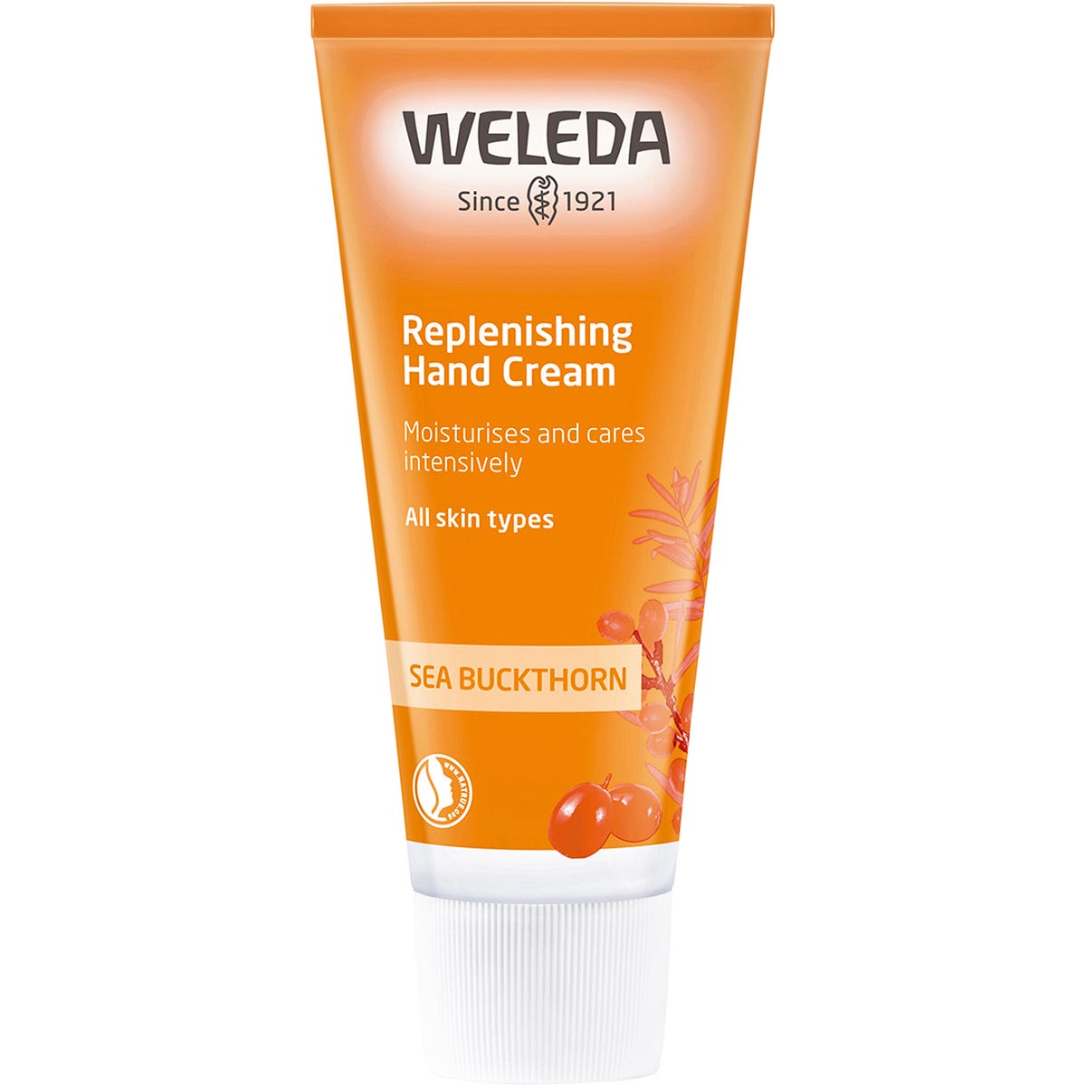 50ml tube of Weleda Replenishing Hand Cream Sea Buckthorn on a white background.