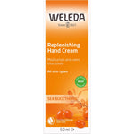 Box for Weleda Replenishing Hand Cream Sea Buckthorn 50ml with orange accents and a white background.