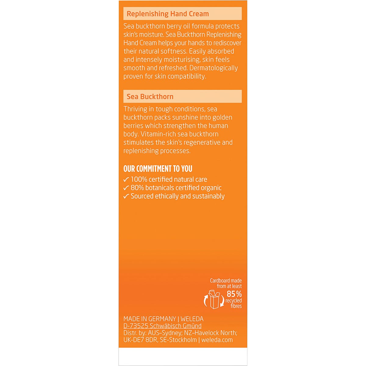 Back of Weleda Sea Buckthorn Hand Cream box with ingredients, product benefits, and organic certification logos.