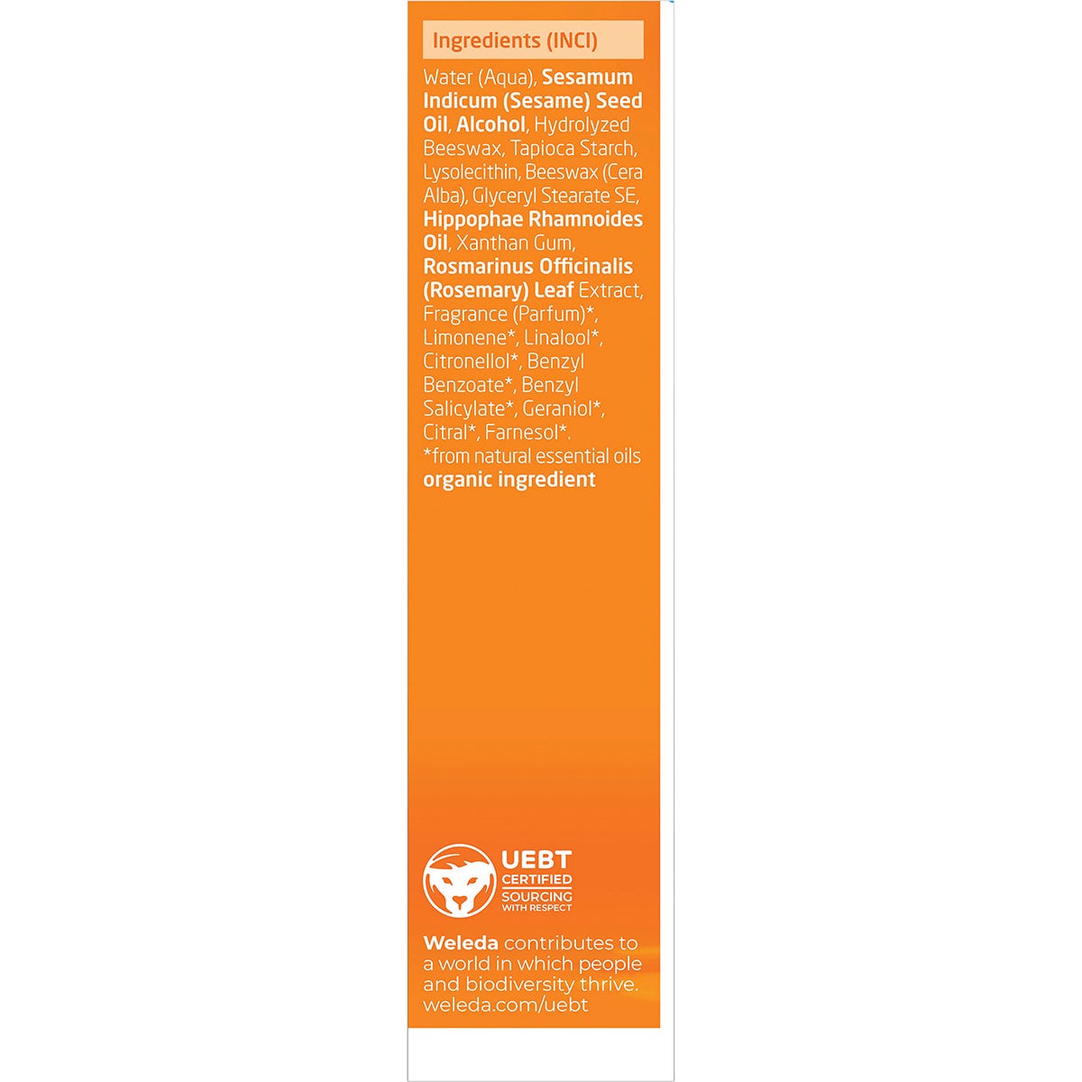 Left side of Weleda Sea Buckthorn Hand Cream box showing product description and NATRUE certification.