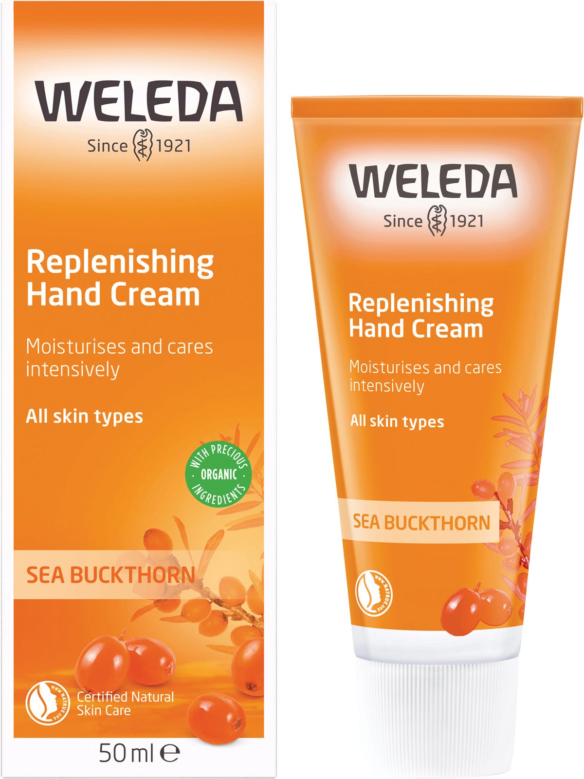 Weleda Replenishing Hand Cream 50ml tube and box with sea buckthorn illustrations and orange accents.