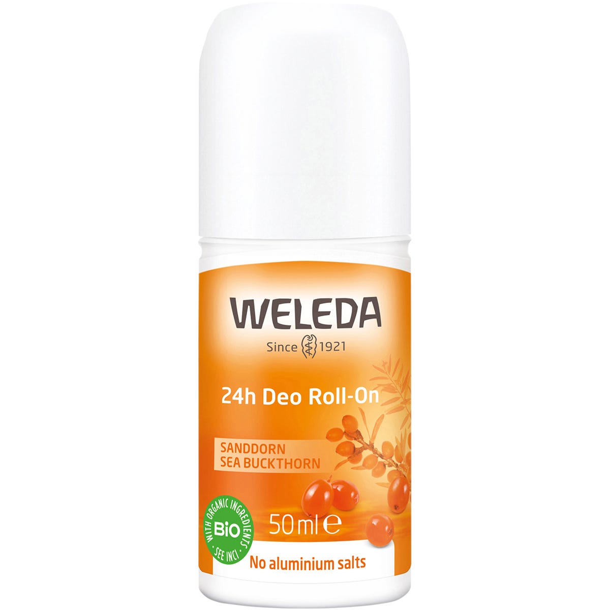 Weleda Sea Buckthorn 24h Deo Roll-On 50ml in an orange and white bottle with sea buckthorn illustrations.