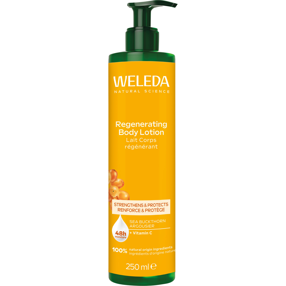 Weleda Regenerating Body Lotion Sea Buckthorn 250ml pump bottle with orange and white label on a white background.