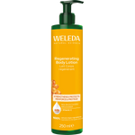 Weleda Regenerating Body Lotion Sea Buckthorn 250ml pump bottle with orange and white label on a white background.
