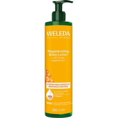 Weleda Regenerating Body Lotion Sea Buckthorn 250ml pump bottle with orange and white label on a white background.