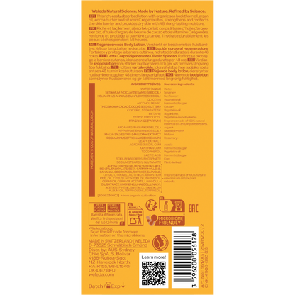 Back of Weleda Sea Buckthorn Body Lotion bottle with ingredients, product benefits, and application instructions.
