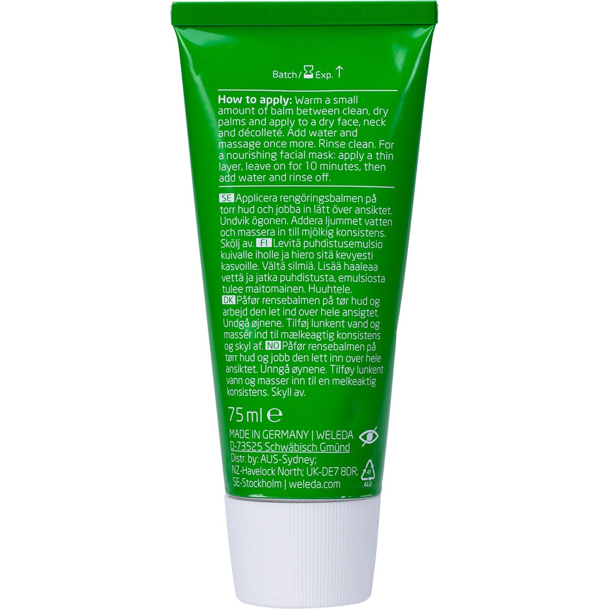 Back of Weleda Skin Food Cleansing Balm 75ml tube with ingredients, directions, and NATRUE certification.