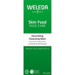 Front of a Weleda Skin Food Cleansing Balm box with yellow and green botanical illustrations on a white background.