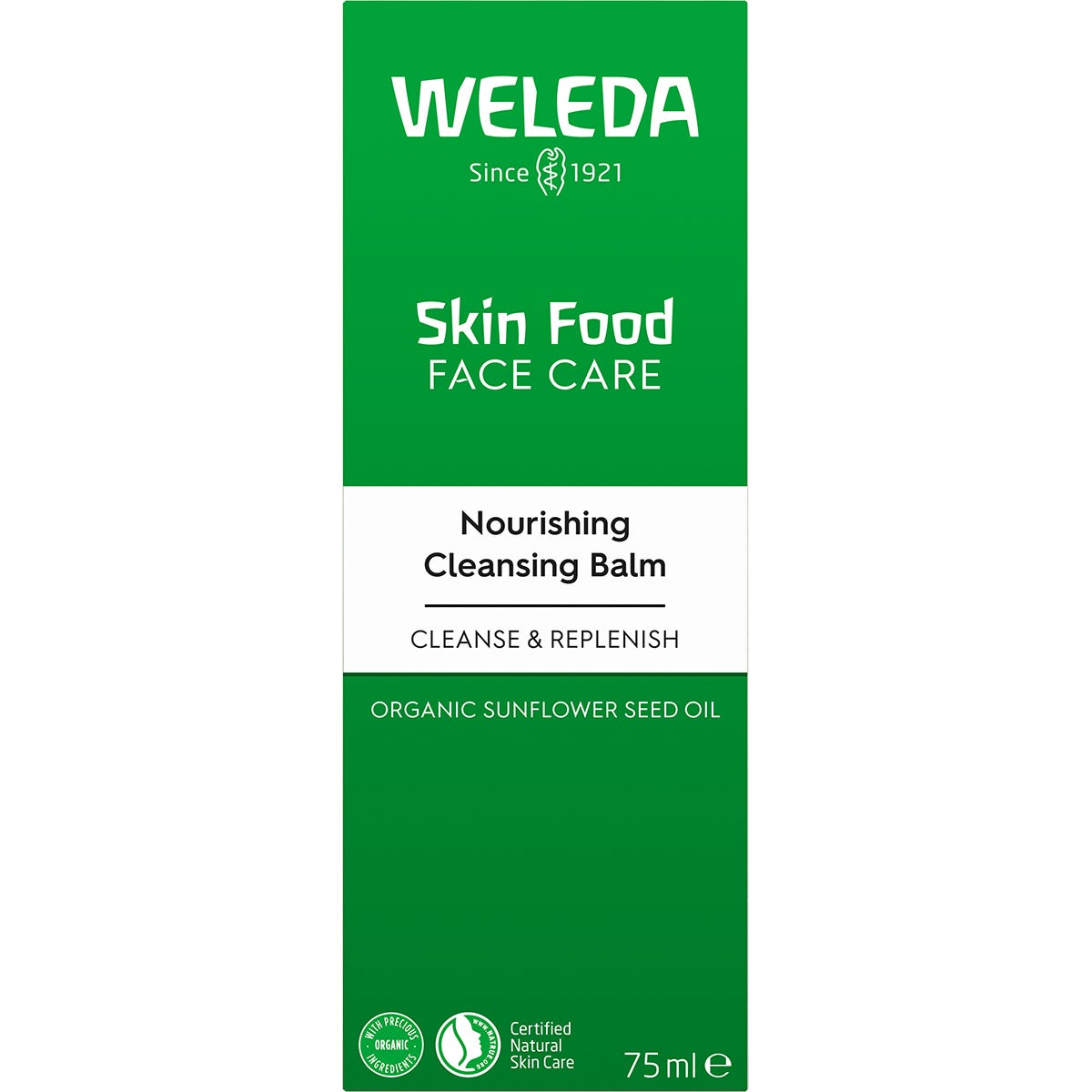Front of a Weleda Skin Food Cleansing Balm box with yellow and green botanical illustrations on a white background.