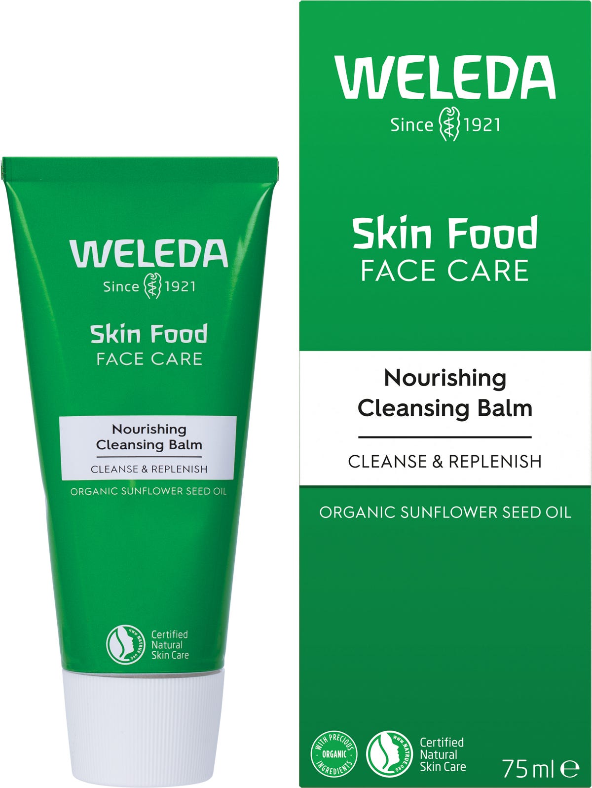 Weleda Skin Food Nourishing Cleansing Balm 75ml tube and box featuring a yellow and green botanical design.