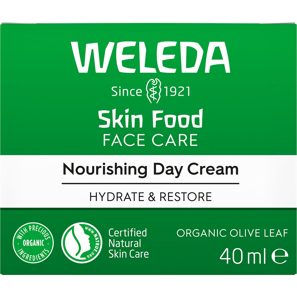 Weleda Skin Food Nourishing Day Cream 40ml box featuring a green design with botanical illustrations.