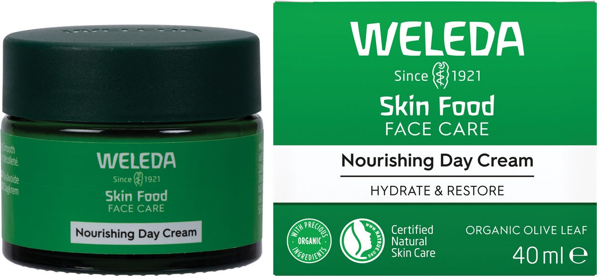 Weleda Skin Food Nourishing Day Cream 40ml tube and box set with green packaging and botanical illustrations.