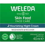Dark green box of Weleda Skin Food Nourishing Night Cream 40ml featuring botanical illustrations on a white background.