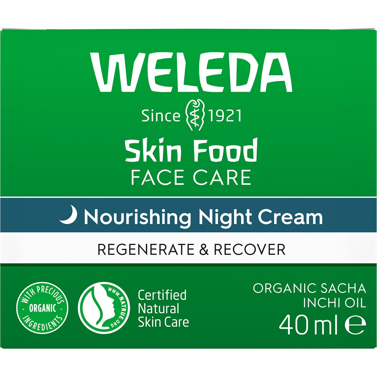Dark green box of Weleda Skin Food Nourishing Night Cream 40ml featuring botanical illustrations on a white background.
