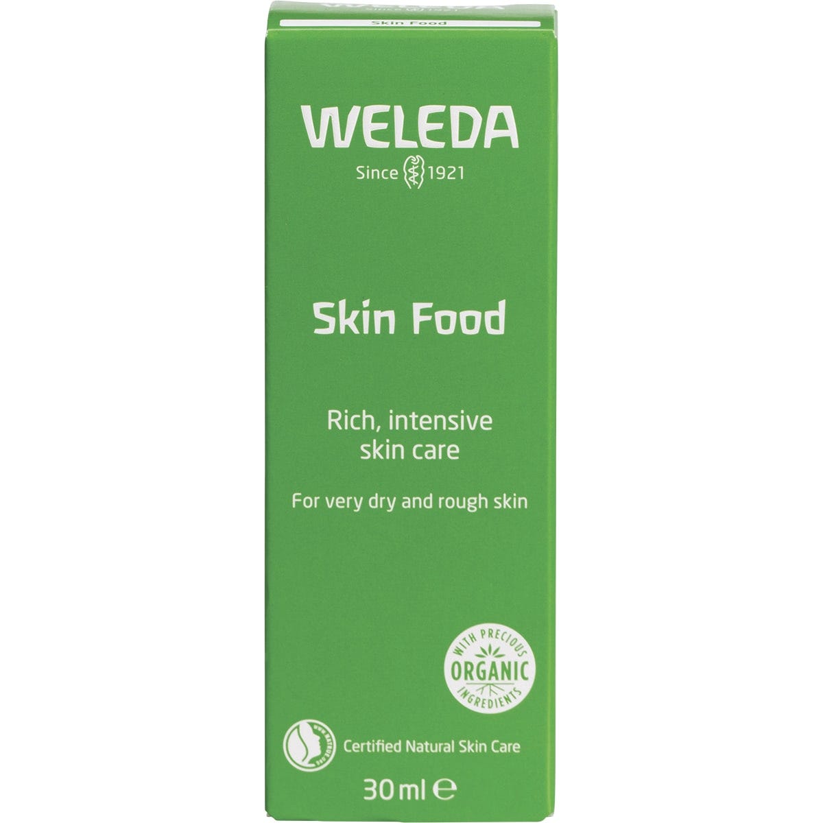 Green box for Weleda Skin Food 30ml ultra-rich cream featuring a plant illustration on a white background.