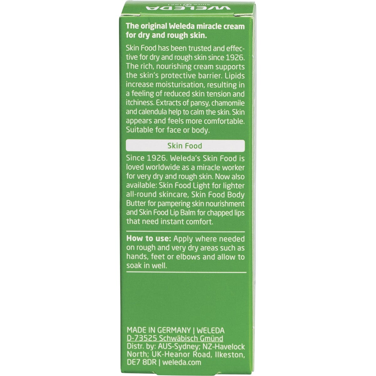 Back of Weleda Skin Food 30ml box showing product description, ingredients, and organic certification labels.