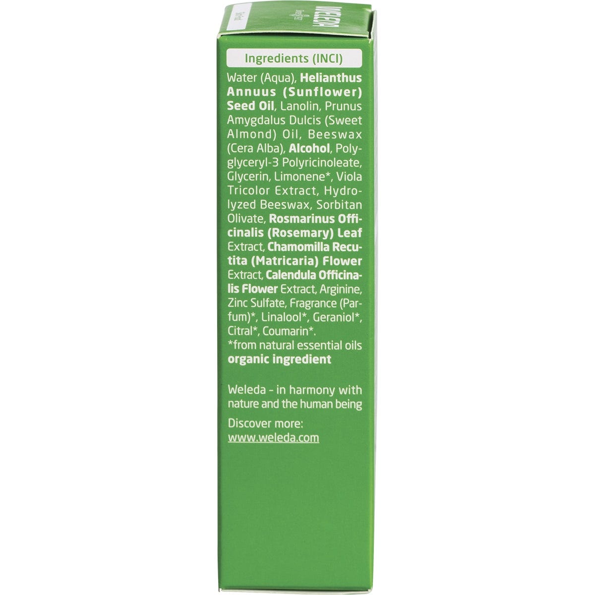 Right side of a Weleda Skin Food 30ml box showing product description and the NATRUE certified natural label.