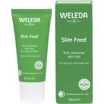 Weleda Skin Food 30ml green tube and matching box featuring botanical illustrations on a white background.