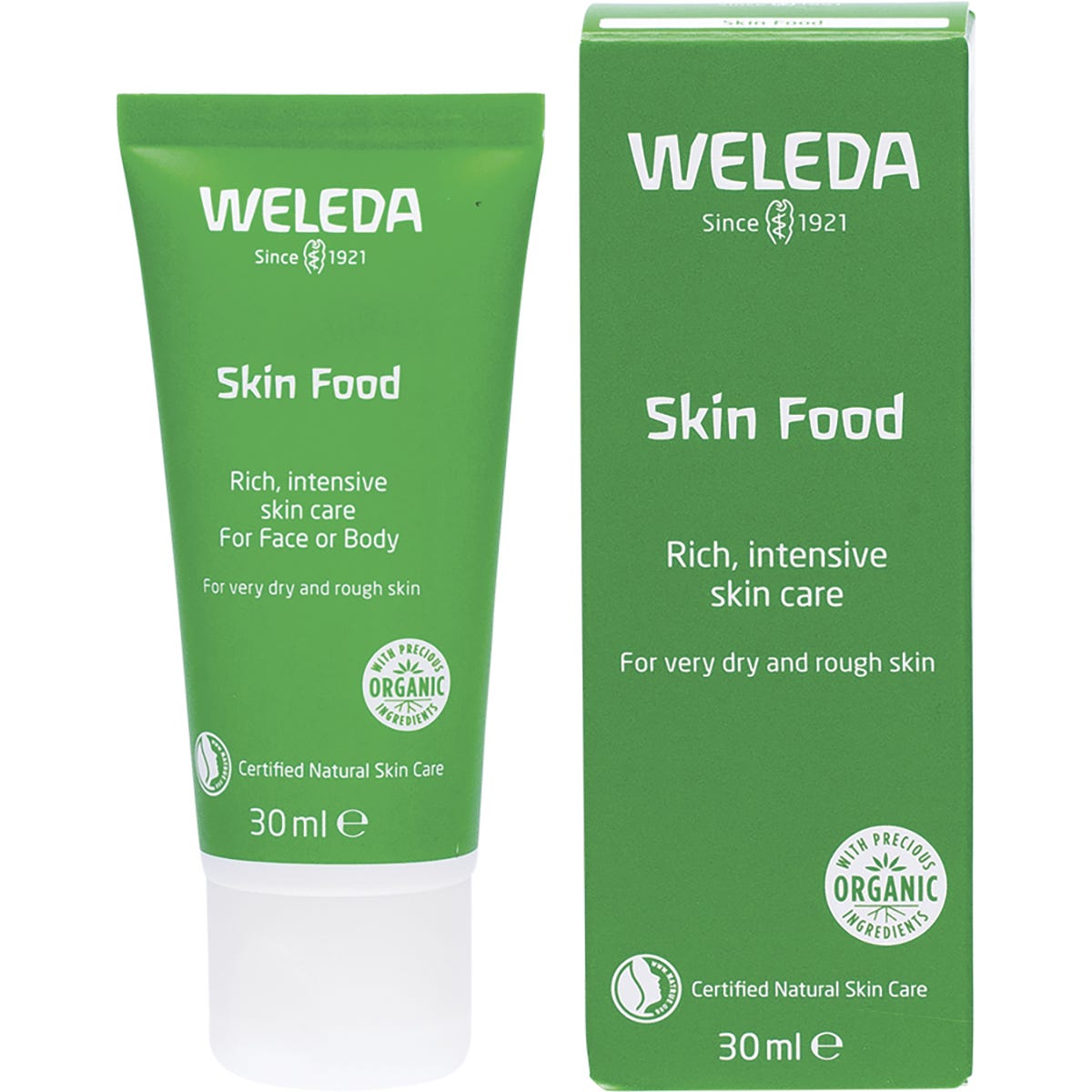 Weleda Skin Food 30ml green tube and matching box featuring botanical illustrations on a white background.