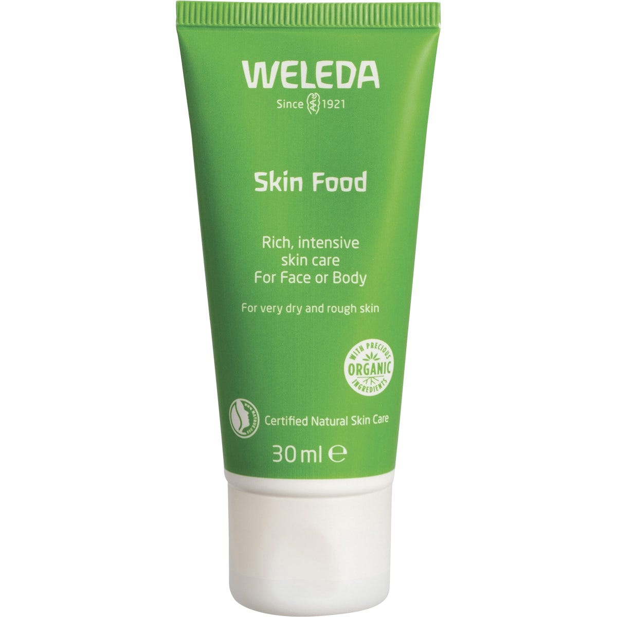 Green tube of Weleda Skin Food 30ml on a white background.