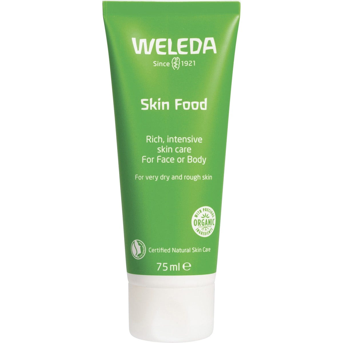 75ml green tube of Weleda Skin Food ultra-rich cream for dry and rough skin on a white background.