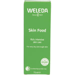 Green Weleda Skin Food 75ml retail box featuring white and orange text on a clean white background.