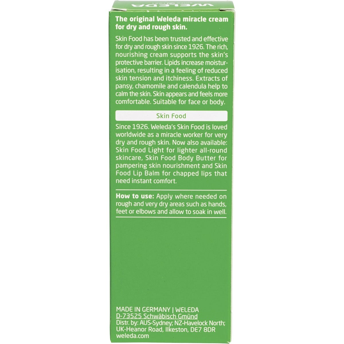 Back of Weleda Skin Food 75ml box with nutrition facts, ingredients, and product benefits.