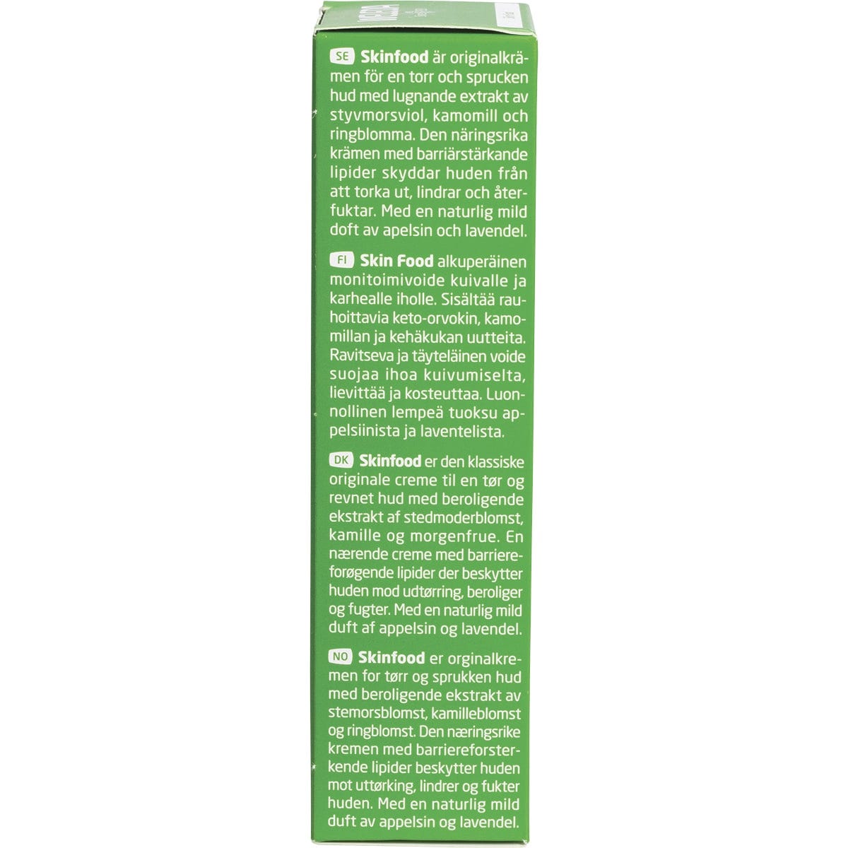 Left side of a Weleda Skin Food 75ml box showing organic certifications and product usage information.