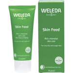 Weleda Skin Food 75ml tube and box, featuring the signature green packaging for intensive dry skin nourishment.