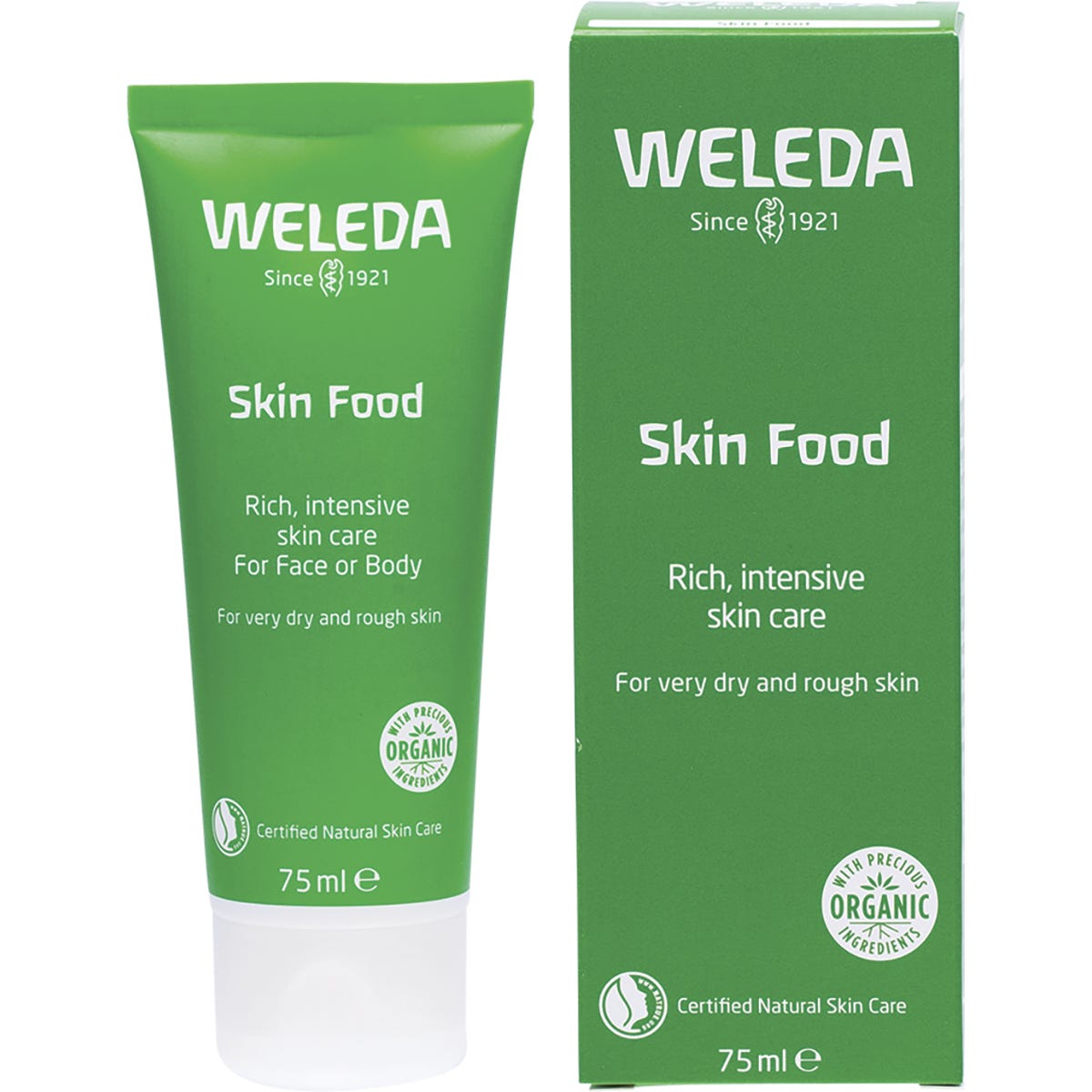 Weleda Skin Food 75ml tube and box, featuring the signature green packaging for intensive dry skin nourishment.