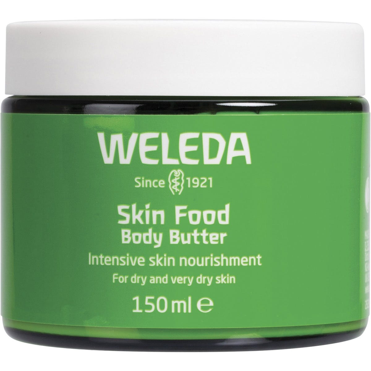 Weleda Skin Food Body Butter 150ml glass jar with a green label on a white background.