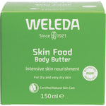 Weleda Skin Food Body Butter 150ml green and white retail box with botanical illustrations.