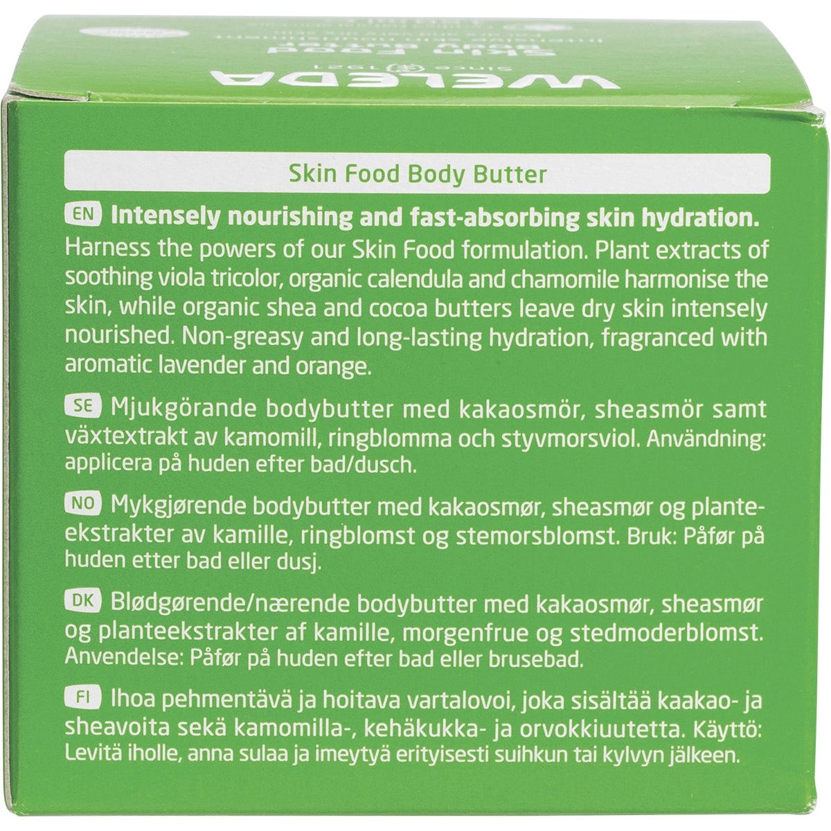 Back of a Weleda Skin Food Body Butter box with ingredients, usage, and certification logos on a green background.