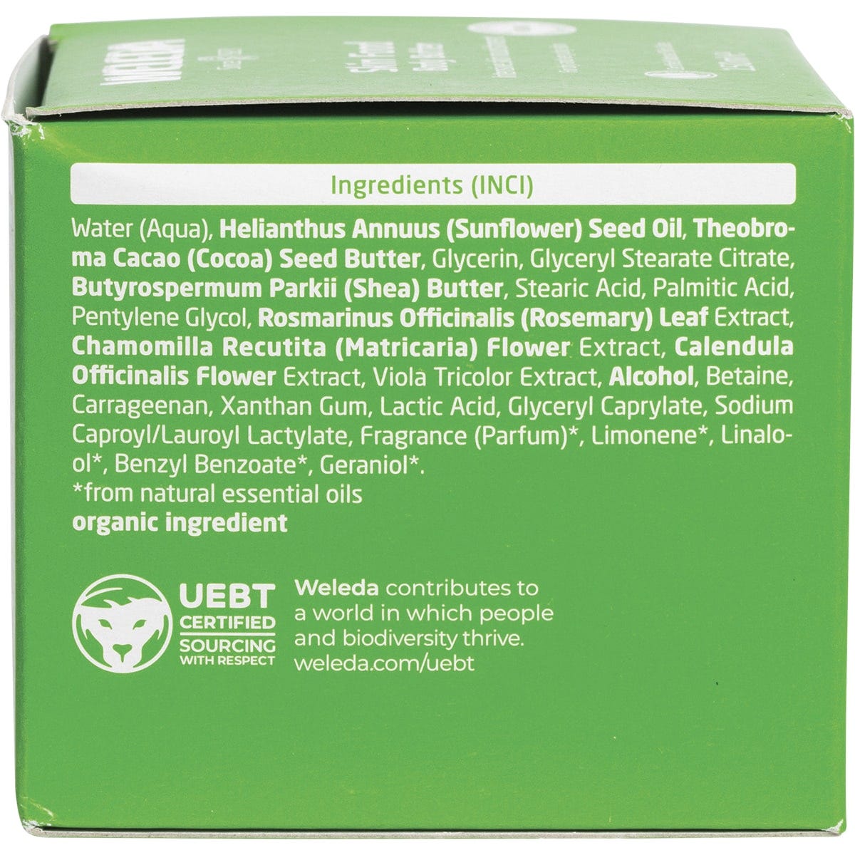 Left side of Weleda Skin Food Body Butter box showing product features and a certified natural logo.