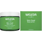 Weleda Skin Food Body Butter 150ml glass jar and green box with botanical ingredients on a white background.